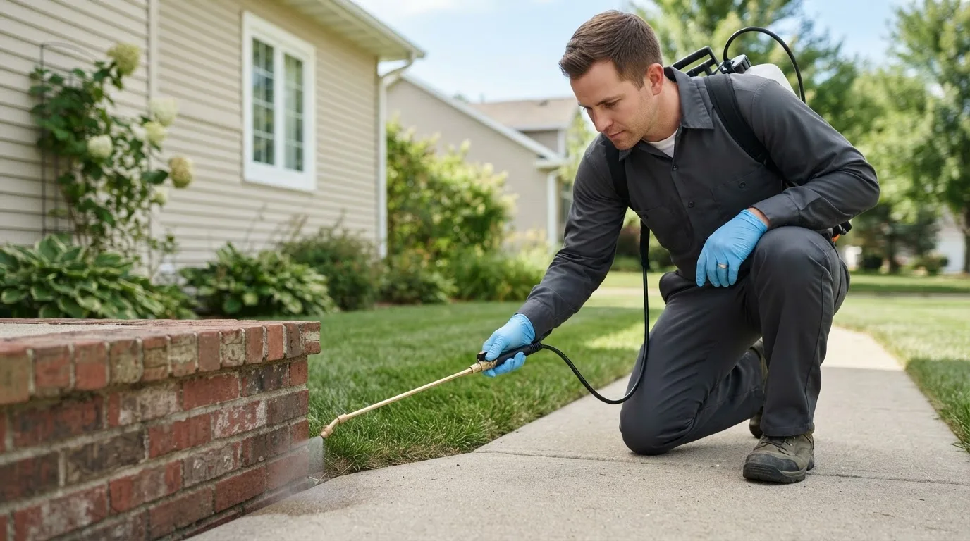 Pest control technician treating a home near Caldwell, OH