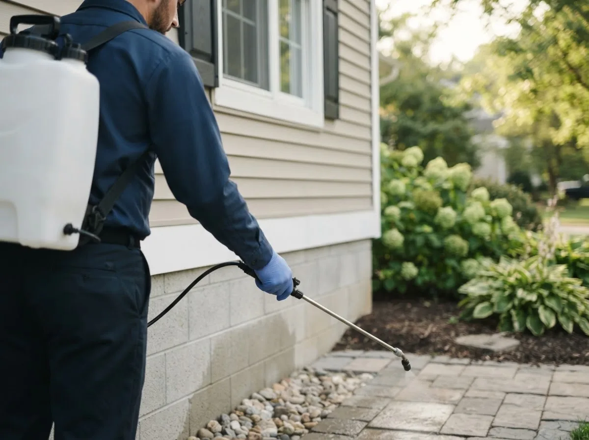 Pest control technician inspecting a home in Caldwell, OH